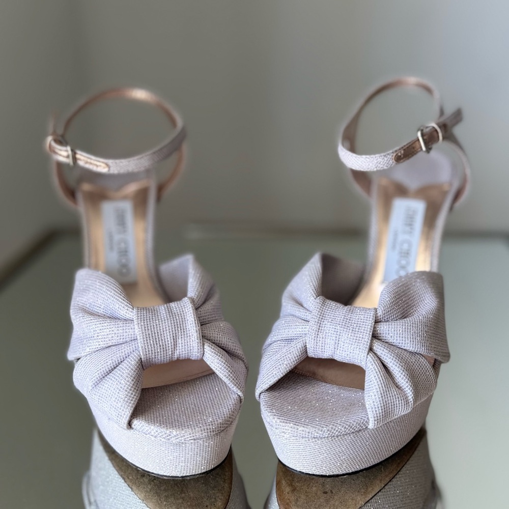 EUC JIMMY CHOO Heloise 120MM Glitter Platform Sandals Macaron 36.5 $1,025 - Picture 6 of 13